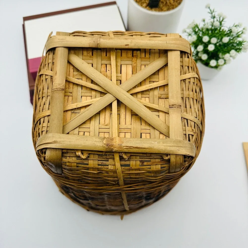 Vintage Bamboo Woven Basket with Handles Square Base Round Top Asian Boho